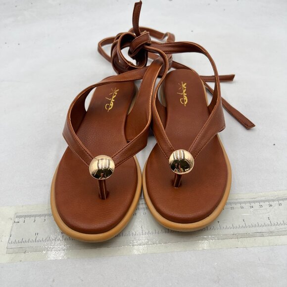 XYD Brown Open Toe Metal Gold Hardware Flip Flops Ankle Wrap Lace-up Flat Sandal - Picture 3 of 8